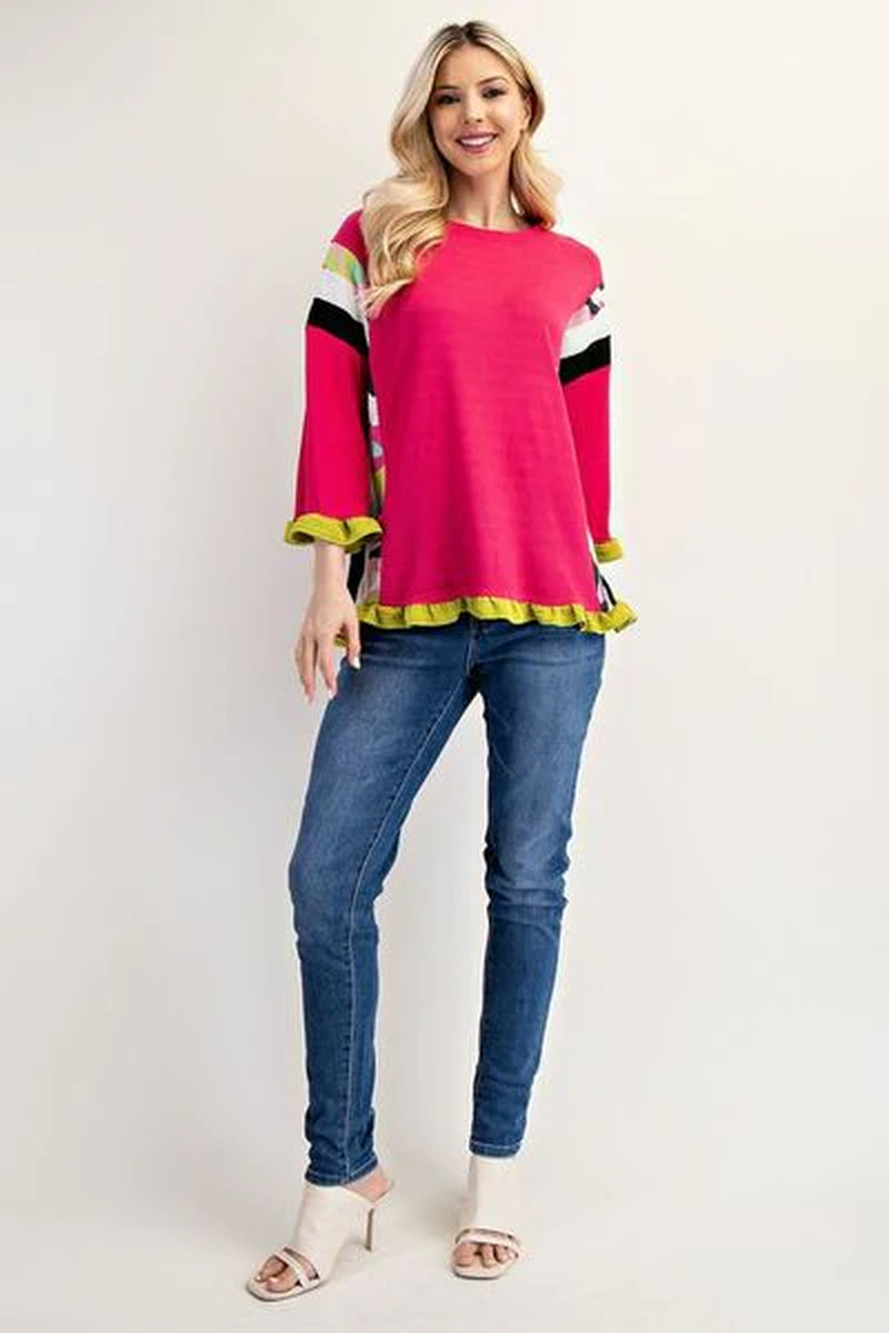Celeste Full Size Ruffle Sleeve Color Block Top plus Size
